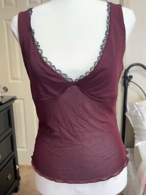 SHEIN Burgundy Lace-Trim Sheer V-Neck Camisole